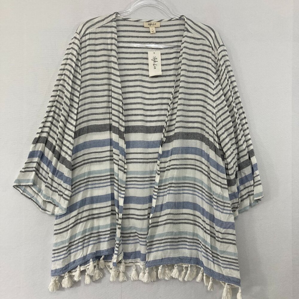 New Style & Co Kimono Duster Large Striped Open Front Soft Light Coastal Boho